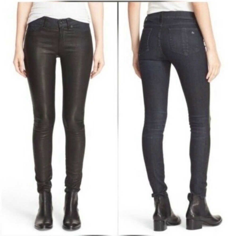 Rag & Bone Hyde Dark Wash Black Leather Front Essex Skinny Jeans